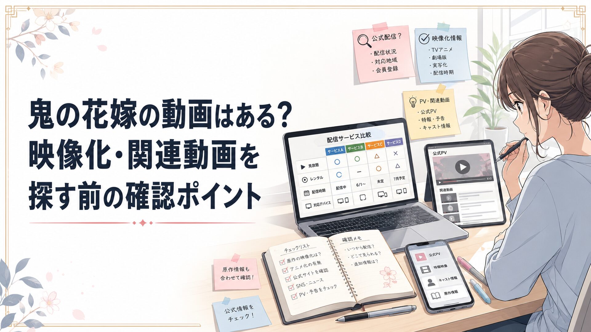 公式配信サービスとPV情報を見比べながら鬼の花嫁の動画を探す読者の机