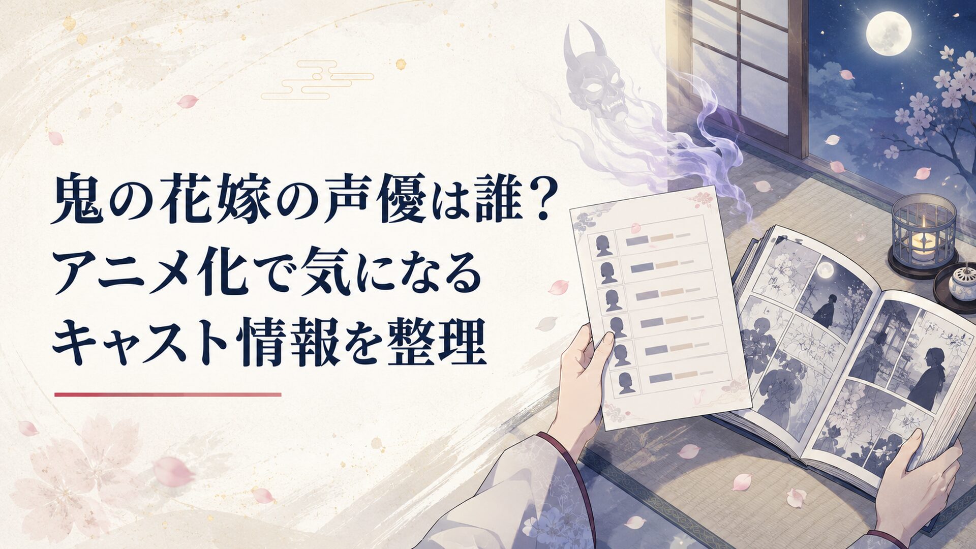 月明かりの和室で鬼の花嫁アニメのキャスト表と原作コミックを見比べる読者の手元
