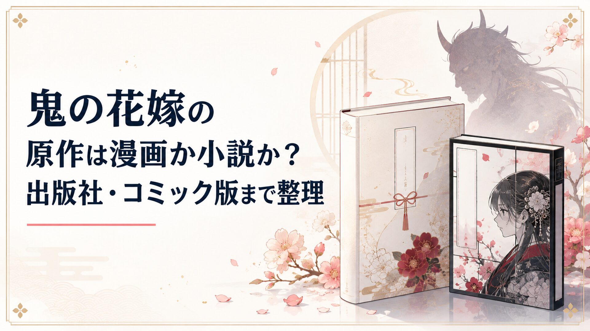 原作小説と漫画版の本が並び、和風の花びらと鬼の影が重なる