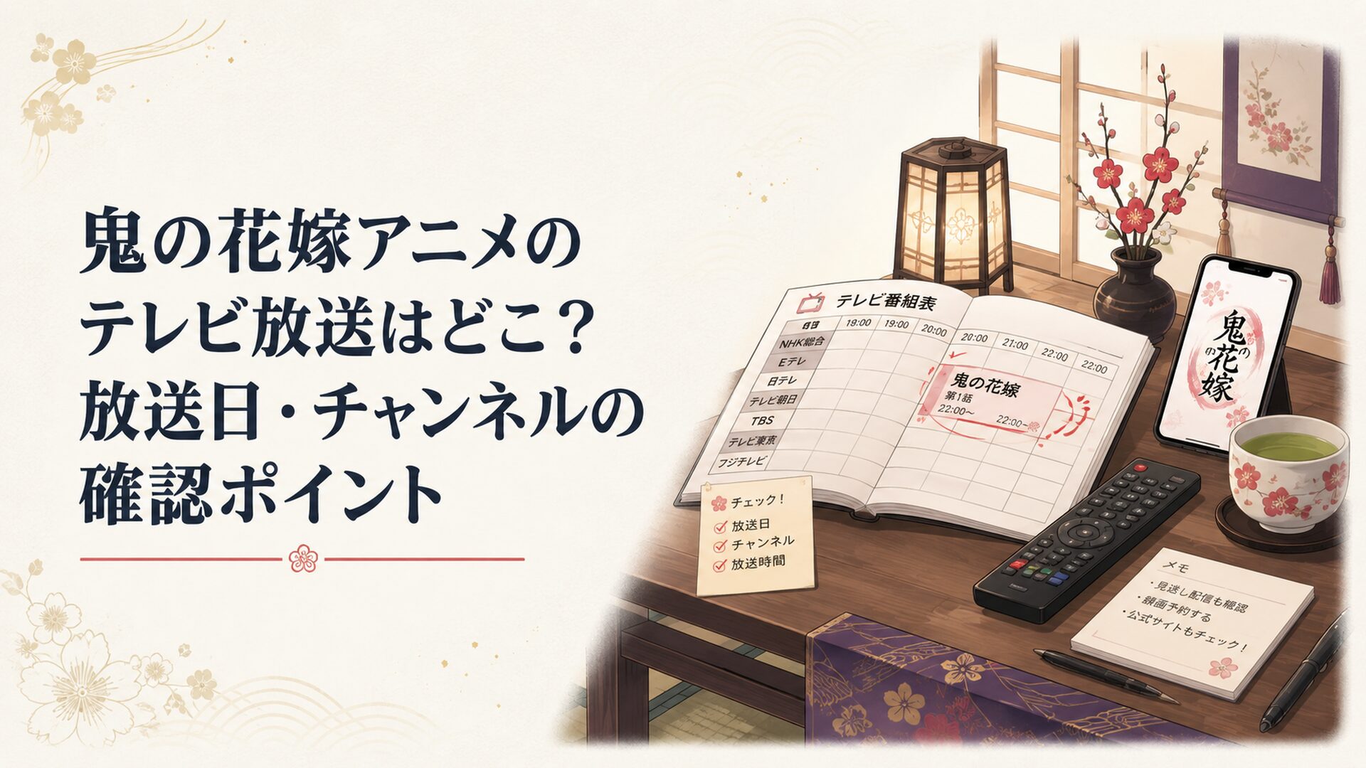 鬼の花嫁アニメのテレビ放送日とチャンネルを番組表で確認する和風の机