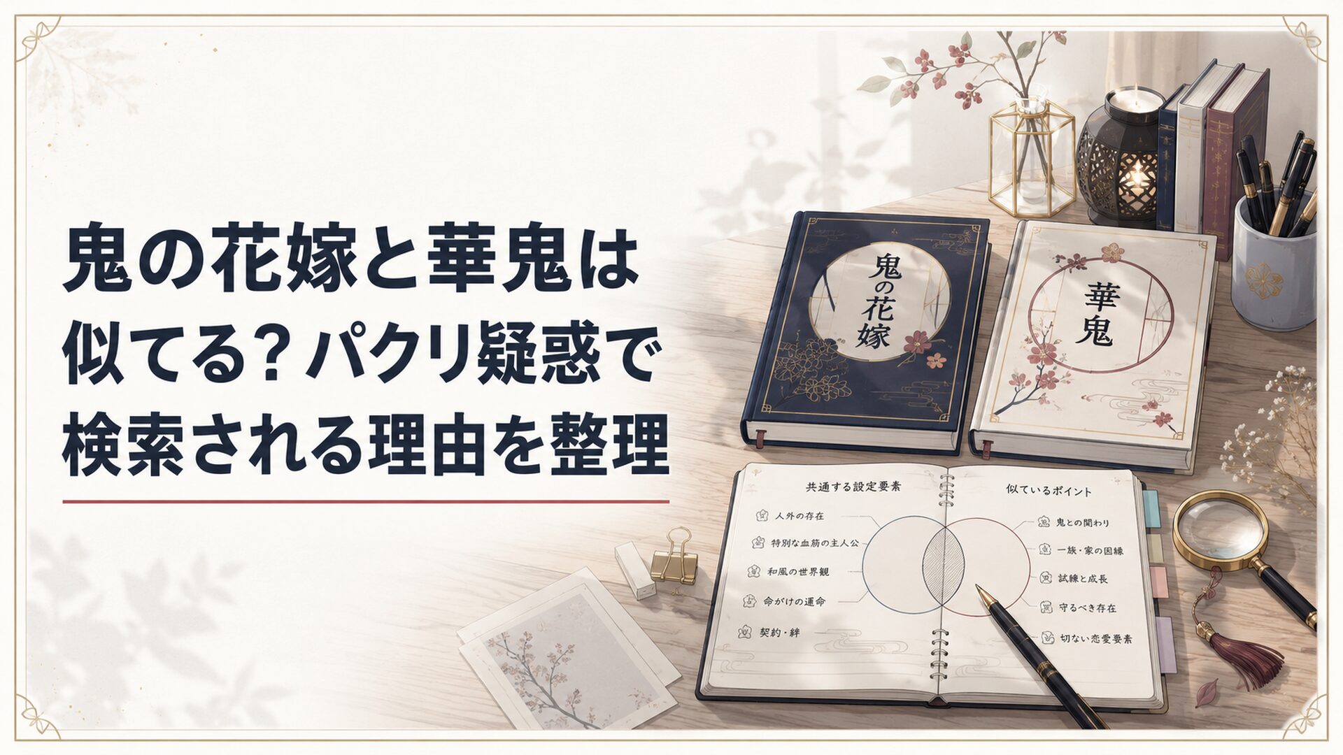 鬼の花嫁と華鬼の原作本を並べて設定の共通点をノートに整理する机