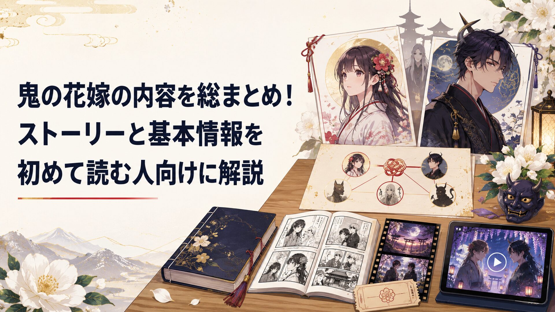 鬼の花嫁の物語世界を初めて読む人向けに、柚子と玲夜、あやかし社会、原作小説・漫画・映画・アニメの基本情報を一枚にまとめた和風ファンタジー風の机
