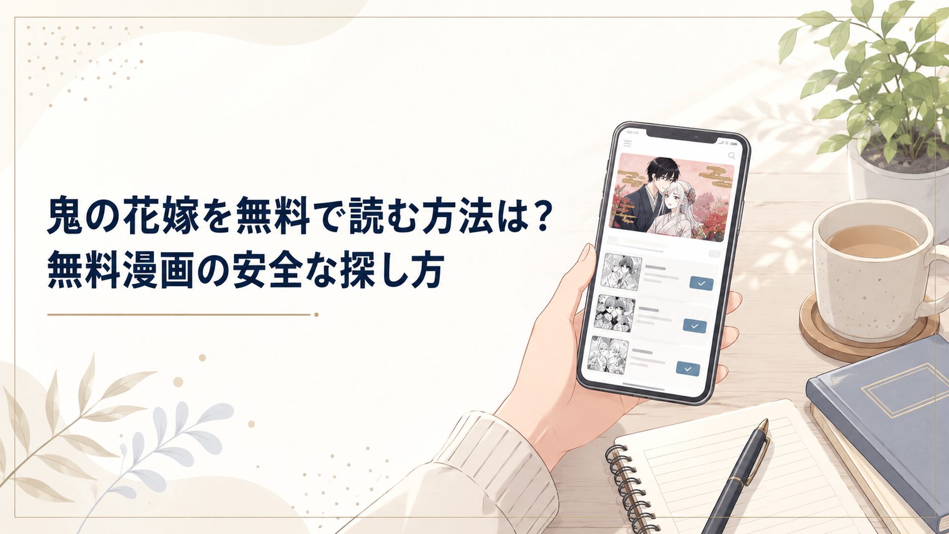 スマホで鬼の花嫁の無料漫画配信を確認する読者の机