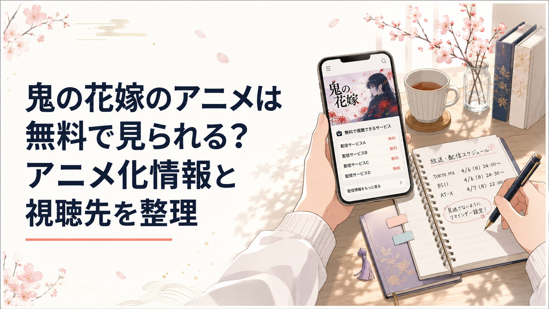 スマホで鬼の花嫁アニメの無料配信先を確認しながら放送日をメモする読者の机