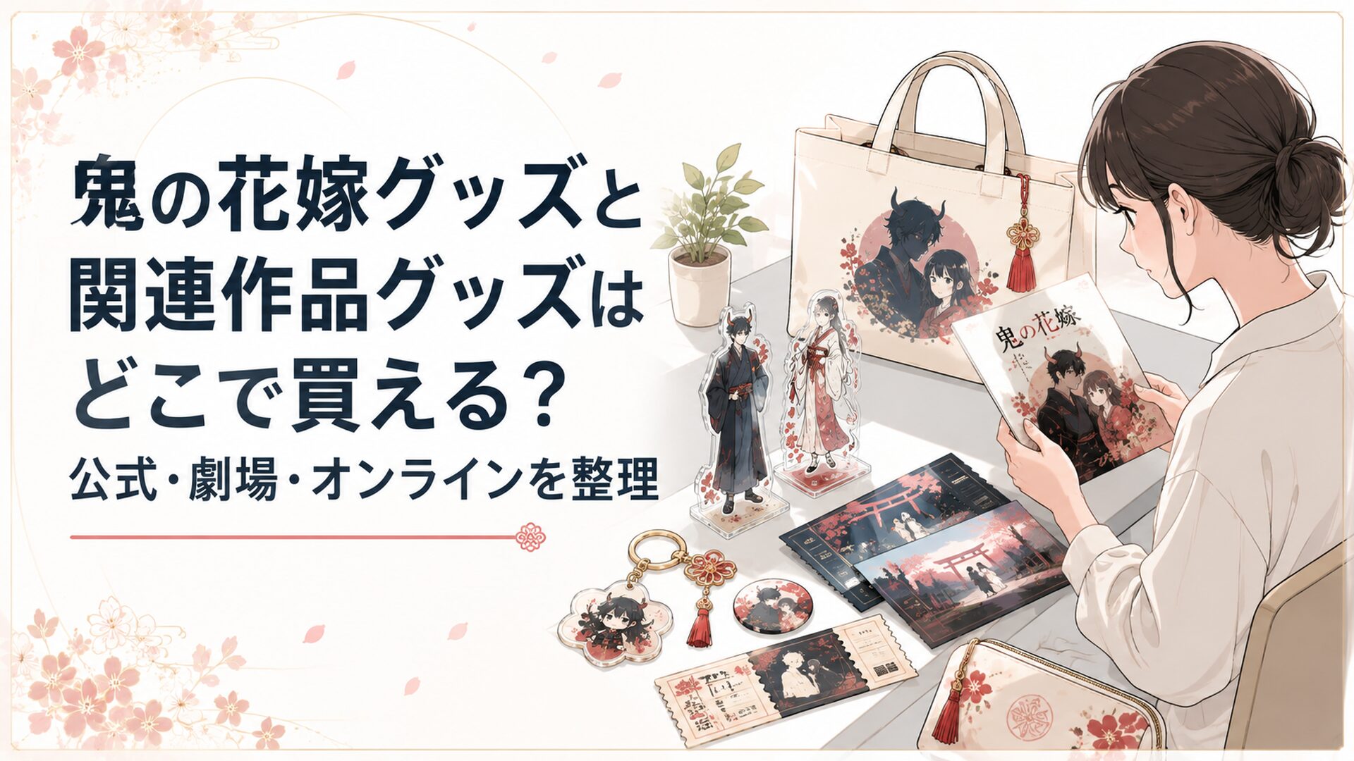 映画『鬼の花嫁』の劇場グッズとパンフレットを机に並べて確認する読者