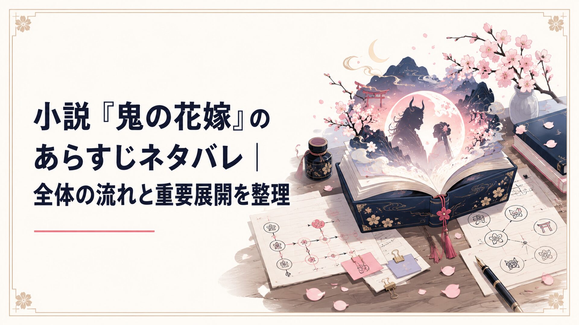 小説『鬼の花嫁』の全巻あらすじを整理する机と桜の花びら、鬼と花嫁を思わせる幻想的な本の情景