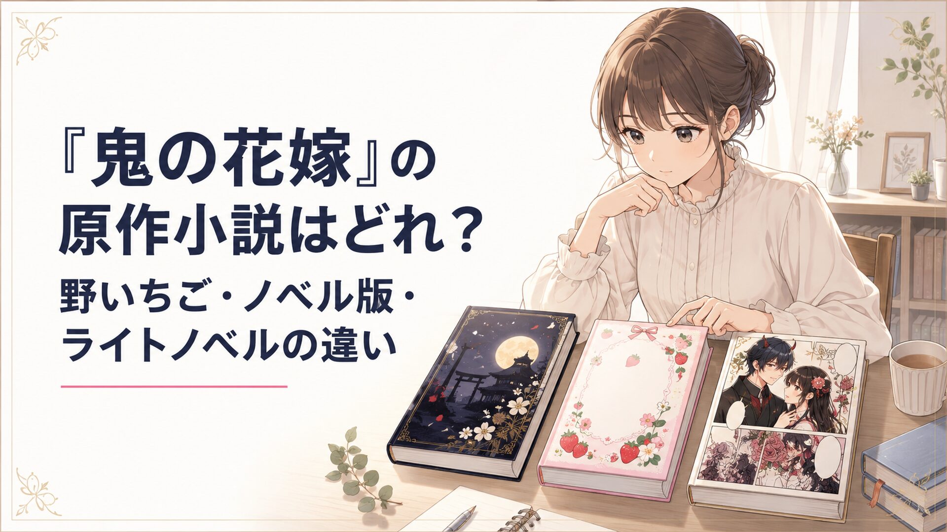 『鬼の花嫁』の原作小説・野いちごジュニア文庫版・コミック版を机に並べて読み比べる読者