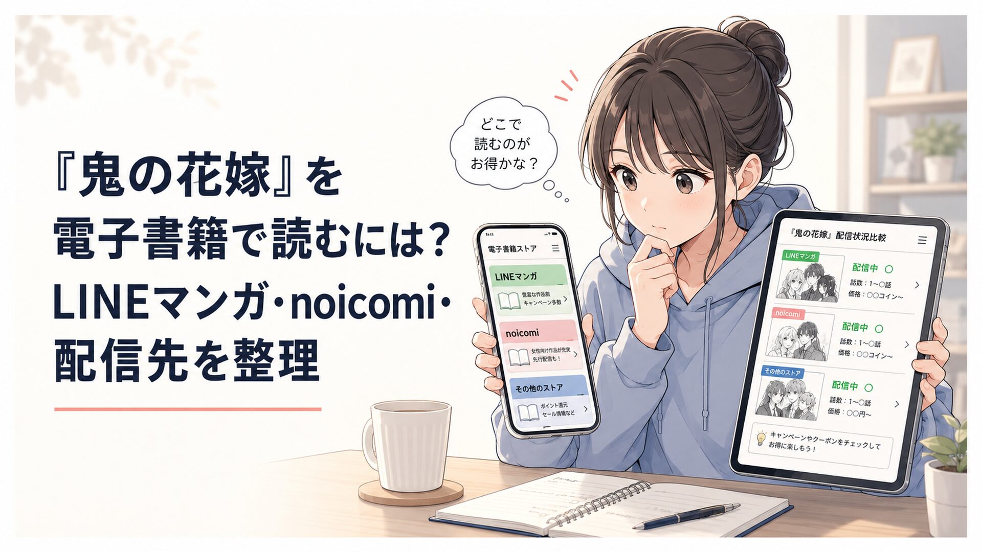 スマホとタブレットに表示された『鬼の花嫁』電子書籍の配信先を見比べる読者