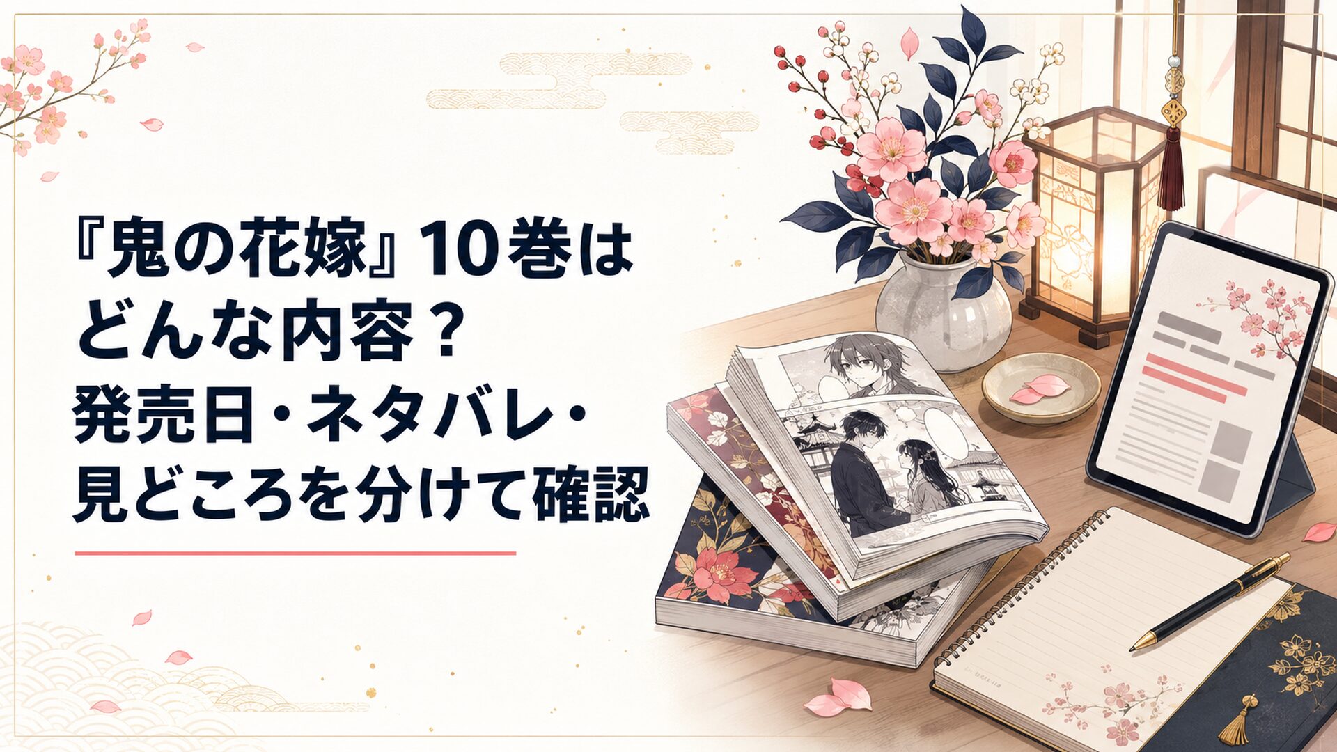 『鬼の花嫁』10巻の発売日とネタバレを確認する読者の机上にコミックスと和風の花が並ぶ場面