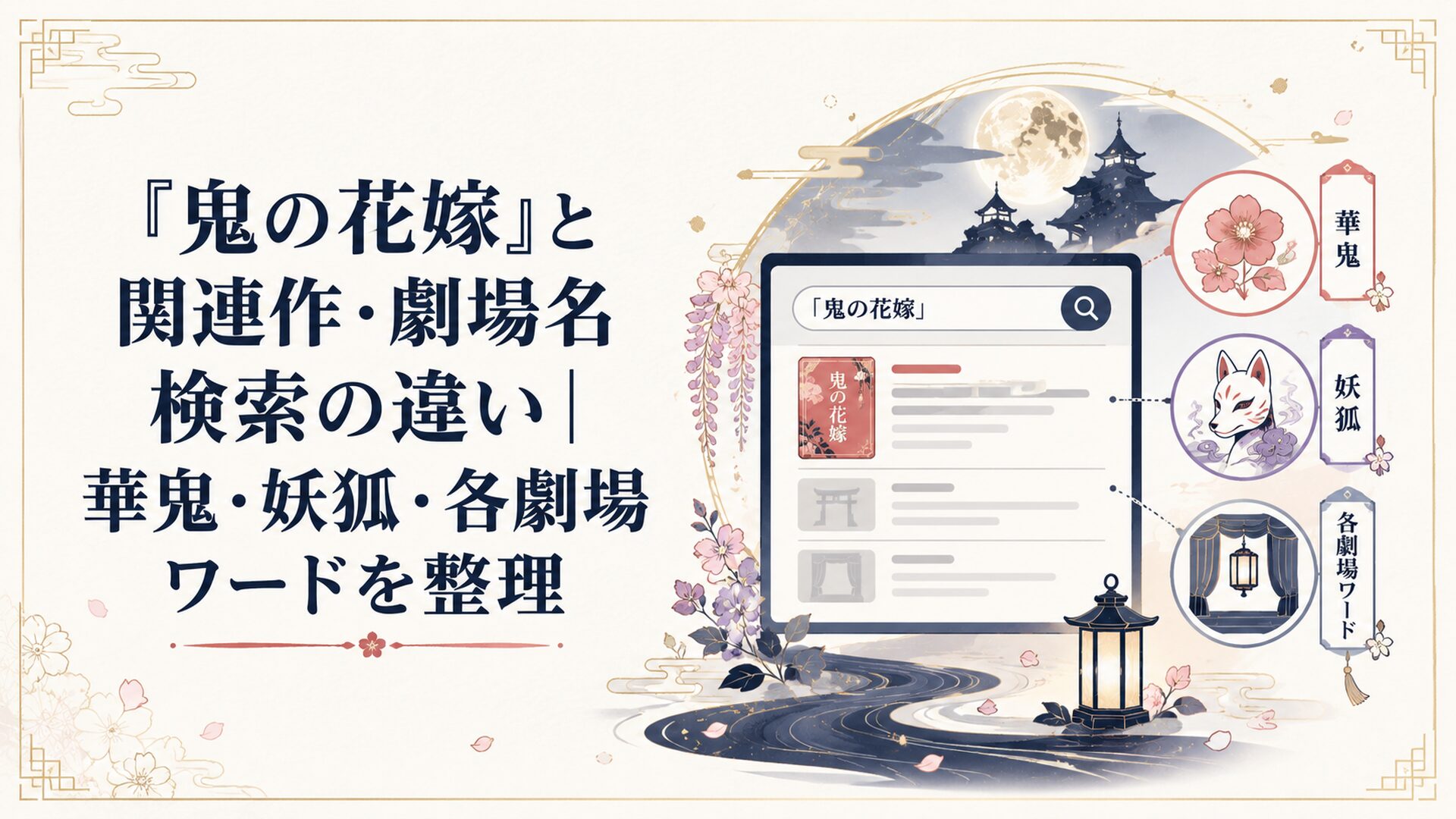 『鬼の花嫁』と関連検索ワードを整理する和風ファンタジー風の検索画面イメージ