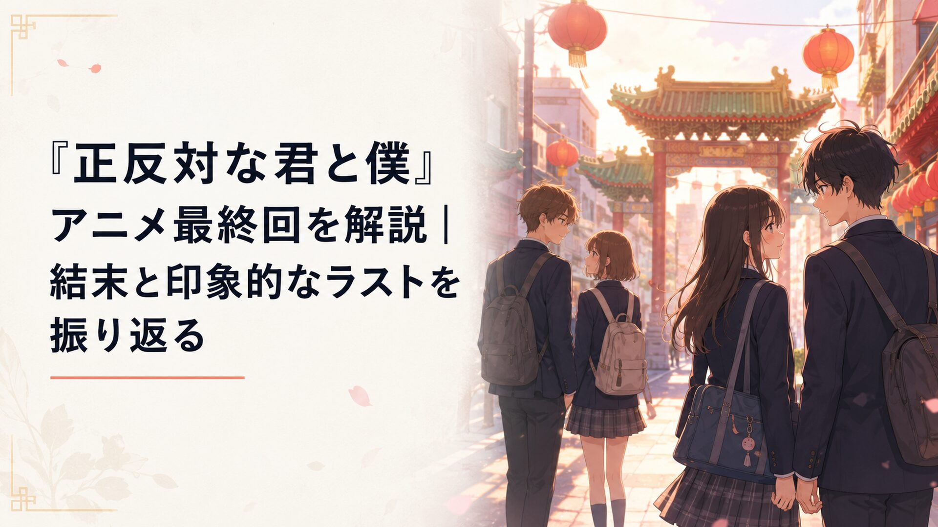 中華街でデートする二組の高校生がすれ違いながら少しずつ距離を縮める青春アニメの場面
