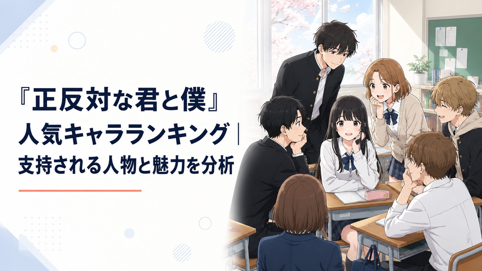 鈴木みゆを中心に平秀司や渡辺真奈美など主要キャラクターが教室に集まる青春群像劇