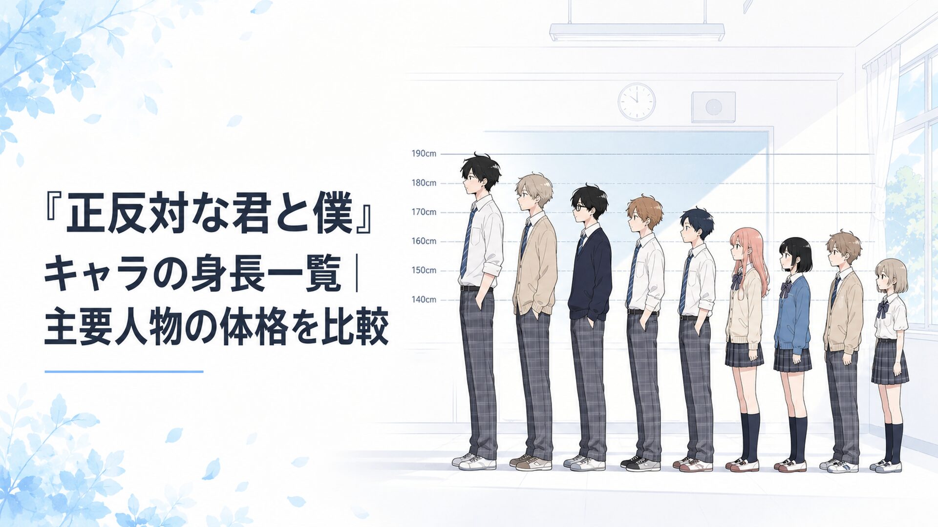 『正反対な君と僕』の主要キャラクター9人が身長順に並ぶ教室の場面