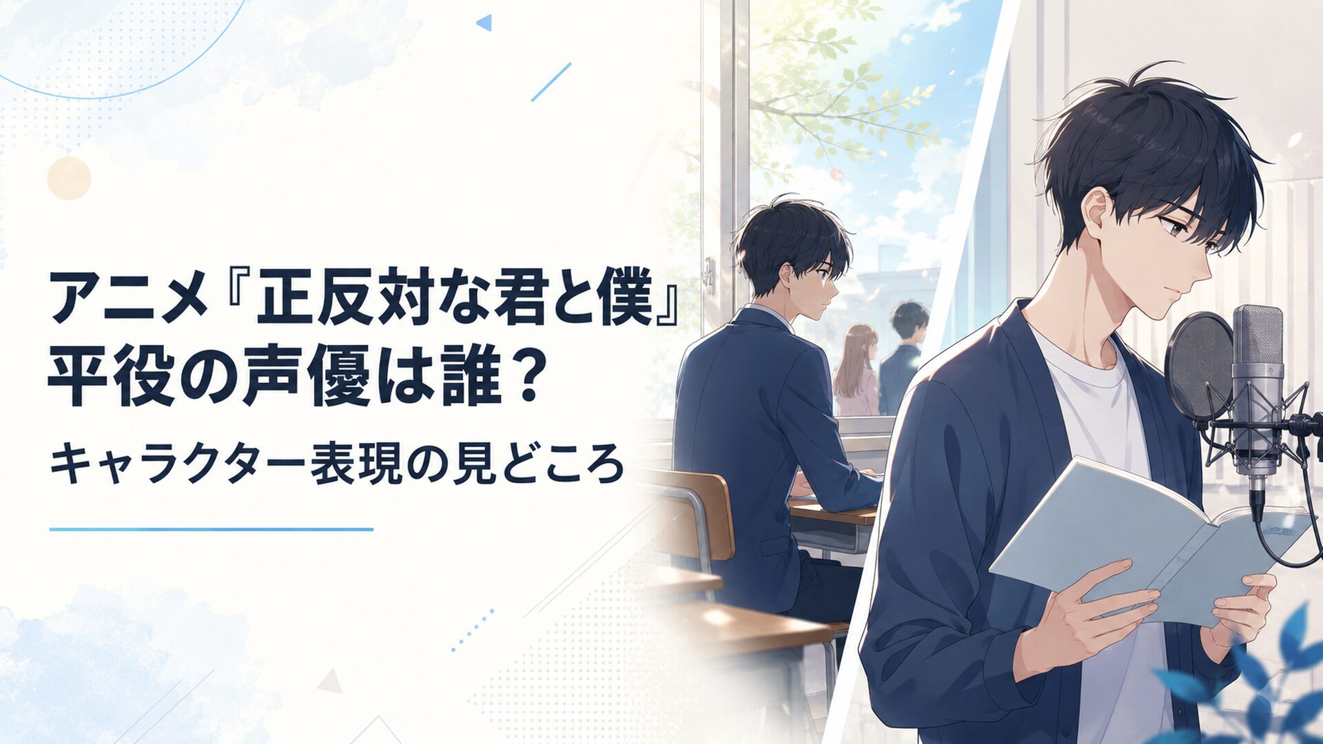 教室の窓際で友人たちを眺める平とマイクの前で静かに台本を読む加藤渉