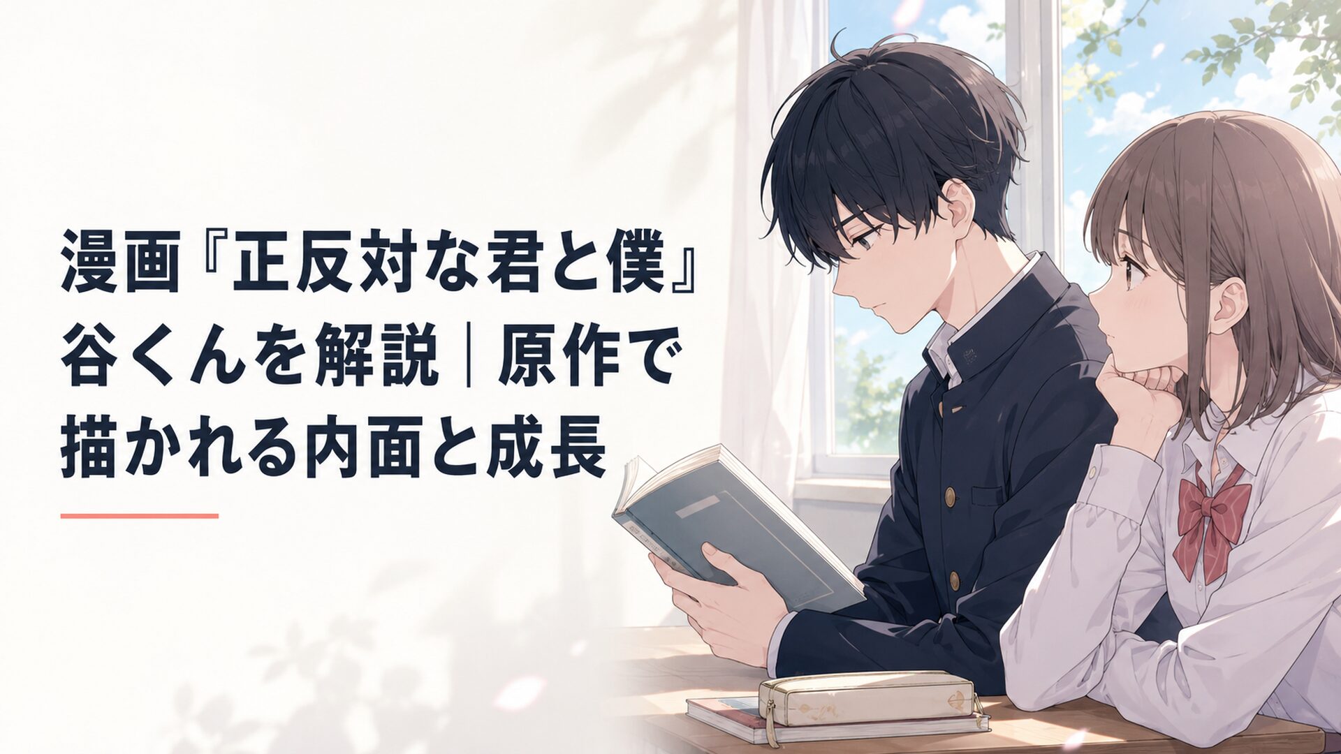 教室の窓辺で静かに本を読む谷くんと、その横顔を見つめる鈴木