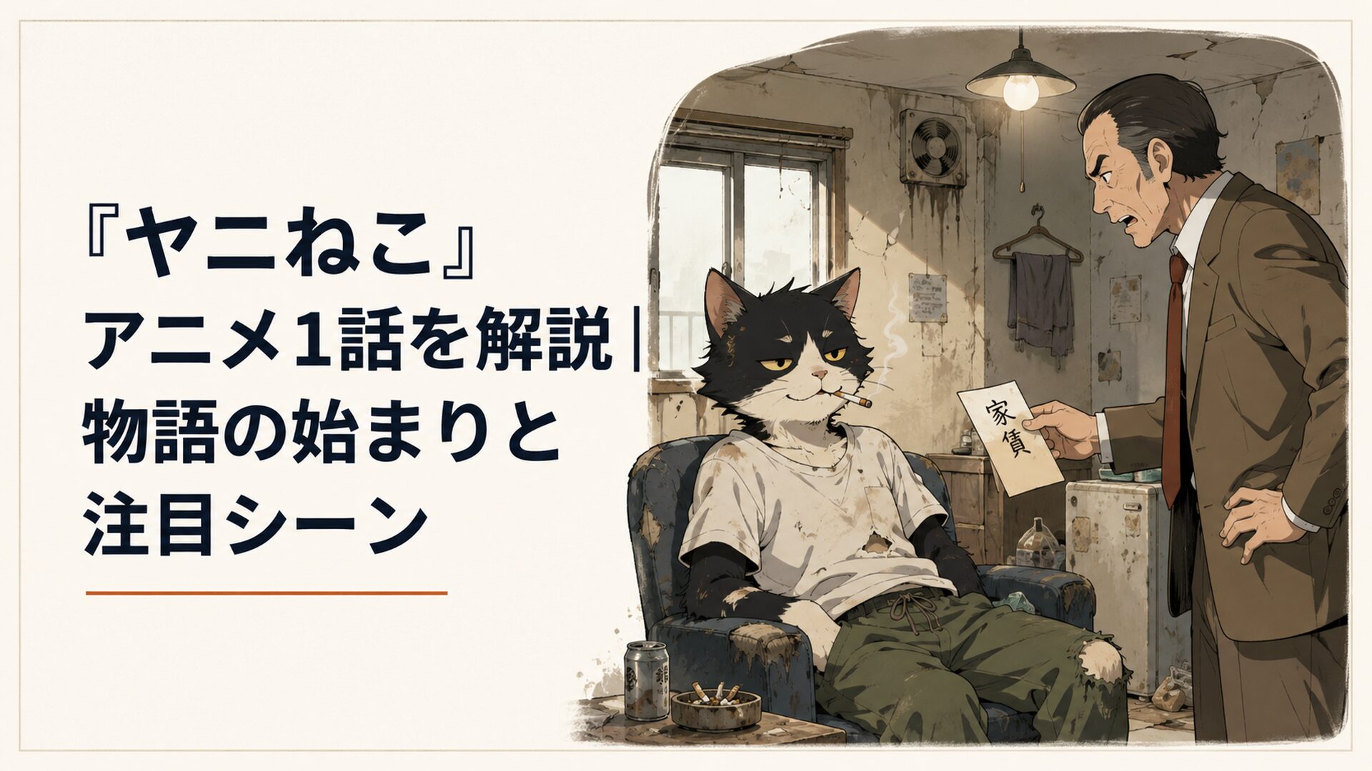 汚れたアパートの一室でタバコをくわえるヤニねこと家賃を求める大家