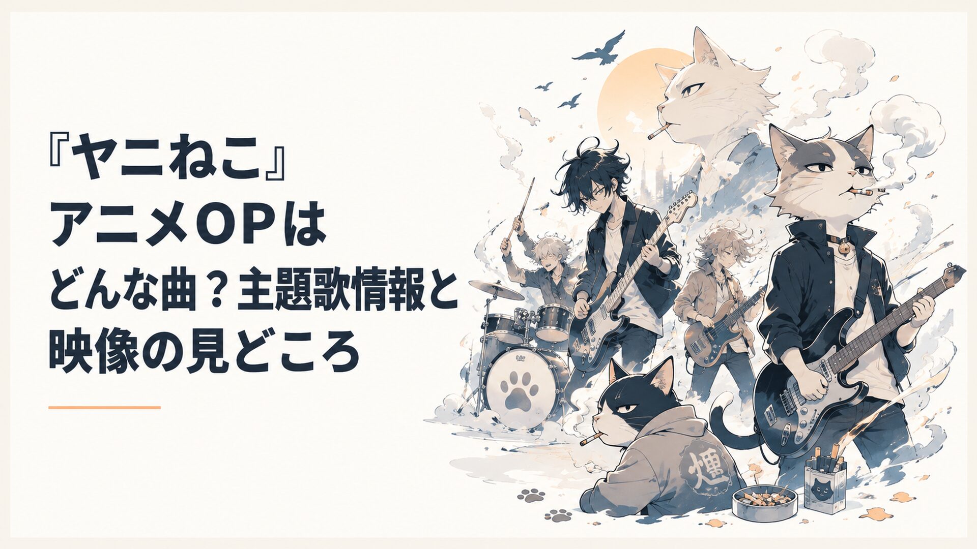 名作映画を思わせるさまざまな構図で煙草を吸うヤニねこたちと、激しく演奏するロックバンドが重なるアニメOP風の場面