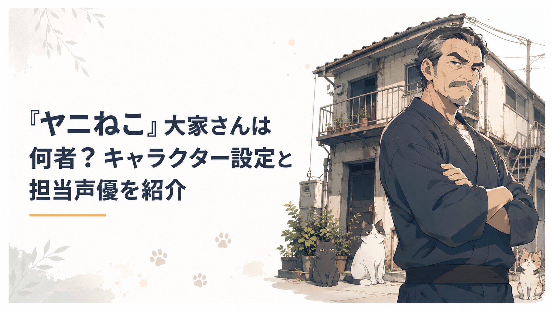 ヤニねこたちが暮らす古いアパートの前で腕を組む強面の大家さん