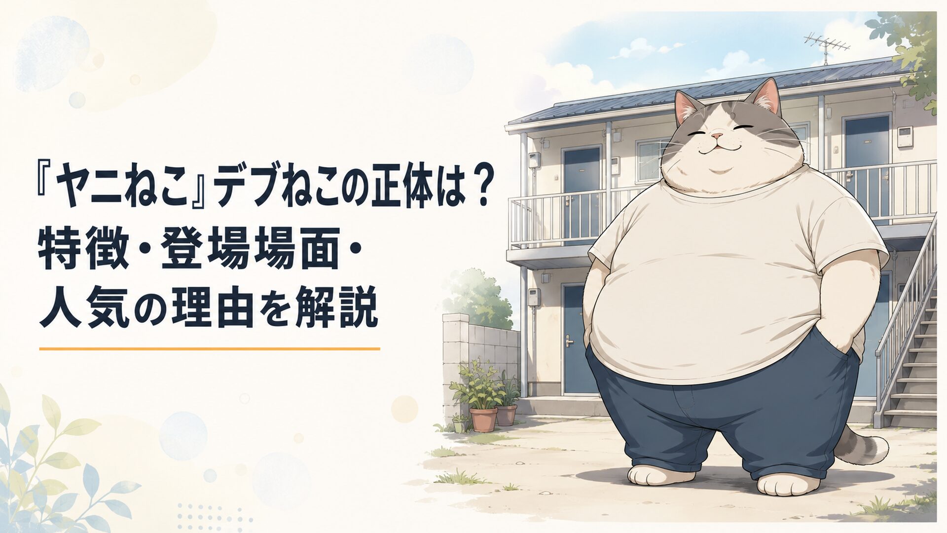 ヤニねこたちのアパート前に立つ大柄で穏やかな表情のデブねこ
