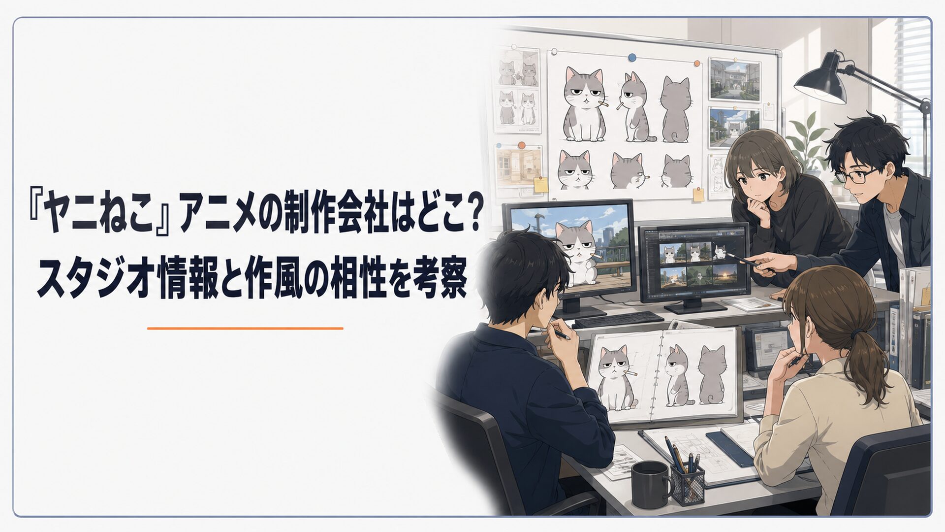 アニメ制作スタジオでヤニねこの設定資料と過去作品の映像を確認するスタッフたち