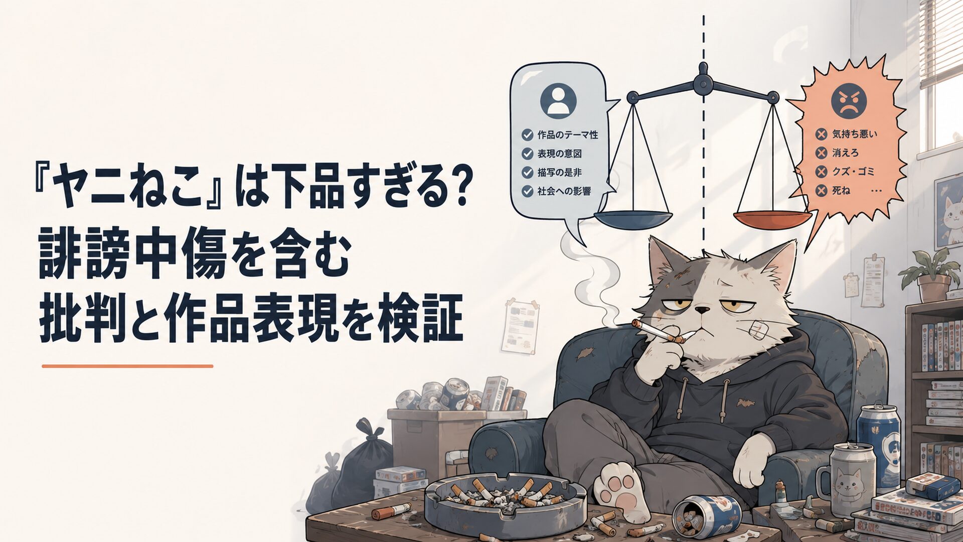 散らかった部屋で煙を吐くヤニねこと作品批判と誹謗中傷の境界を示す構図