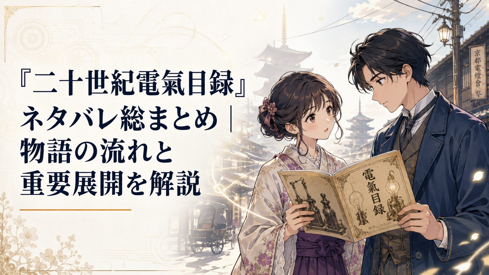 明治時代の京都を背景に電氣目録を手に向かい合う百川稲子と坂本喜八