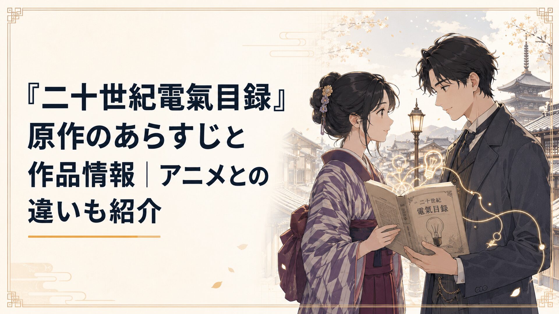 明治時代の京都で電氣目録を手に向き合う百川稲子と坂本喜八