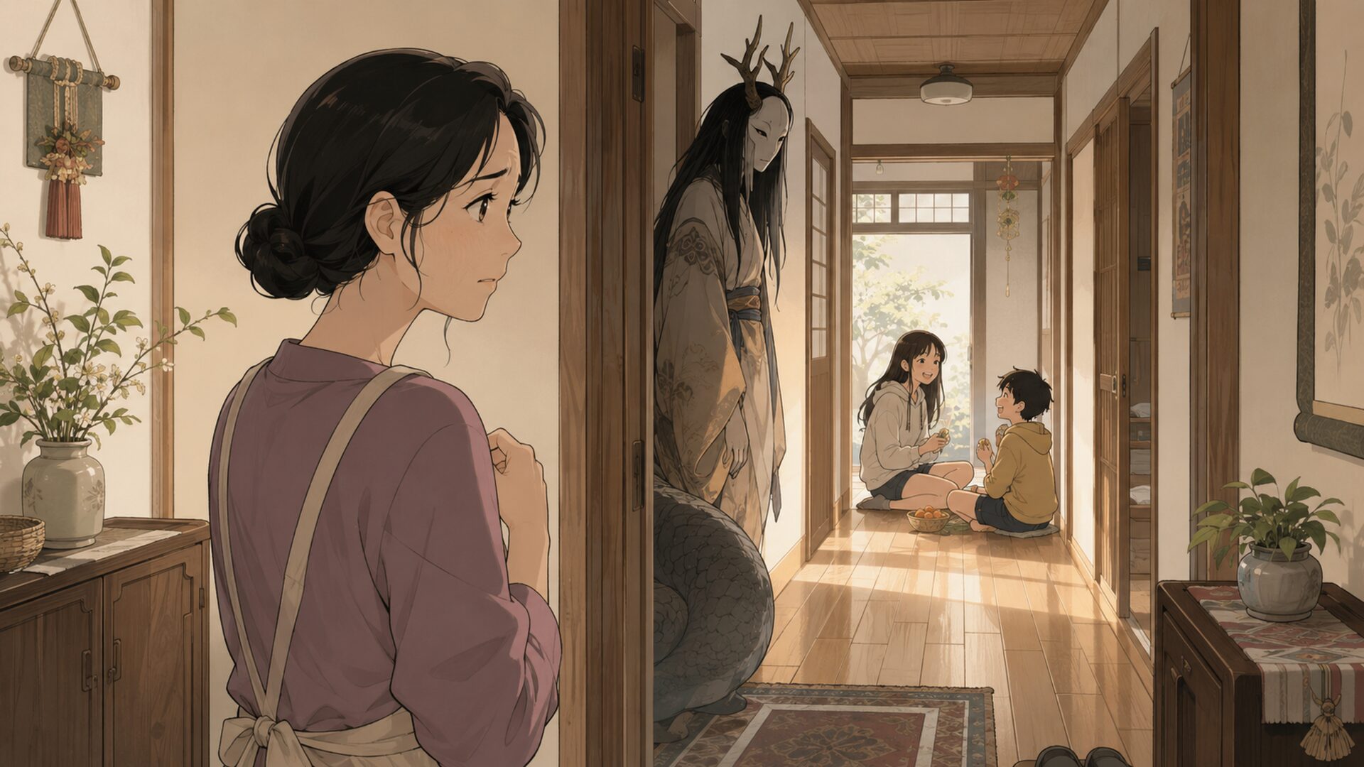 山の禁足地を背景に、現代の姉弟と蛇神、過去の巫女たちの因縁が重なる人物相関をイメージした場面