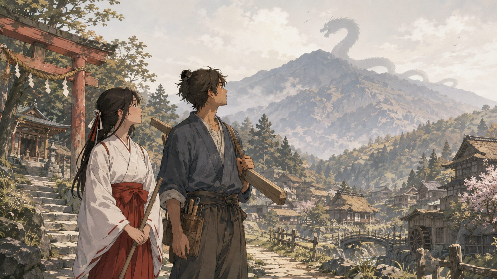 奈良の山あいに広がる住宅地と緑深い山を背景にしたオカルト作品の舞台イメージ