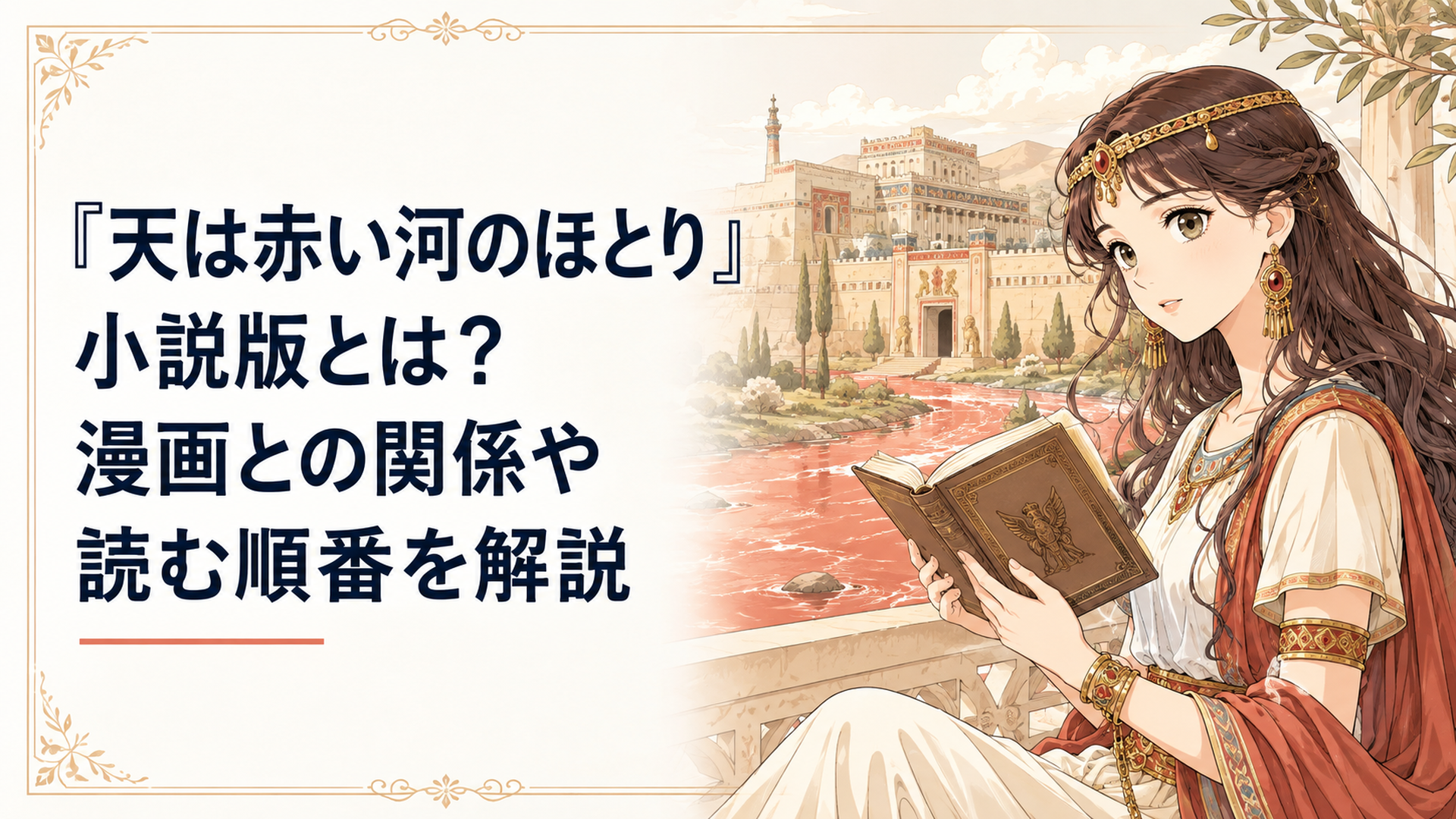 古代アナトリアを思わせる宮殿と赤い河を背景に書物を開く幻想的な歴史ロマンの情景