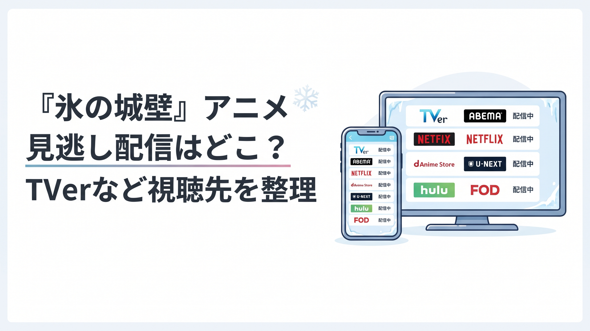 スマートフォンとテレビ画面にアニメ『氷の城壁』の配信サービス一覧が表示されているイメージ