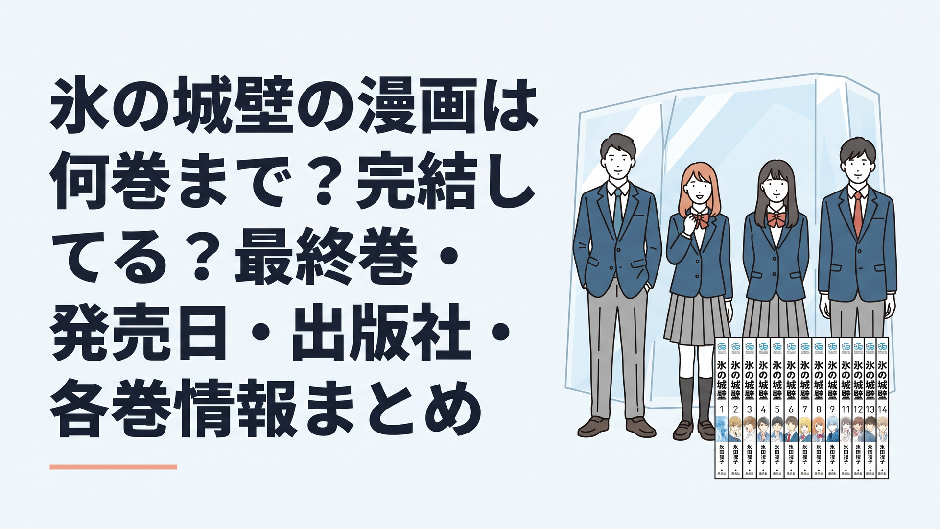 氷を思わせる透明な壁の前に立つ高校生4人と全14巻のコミックス