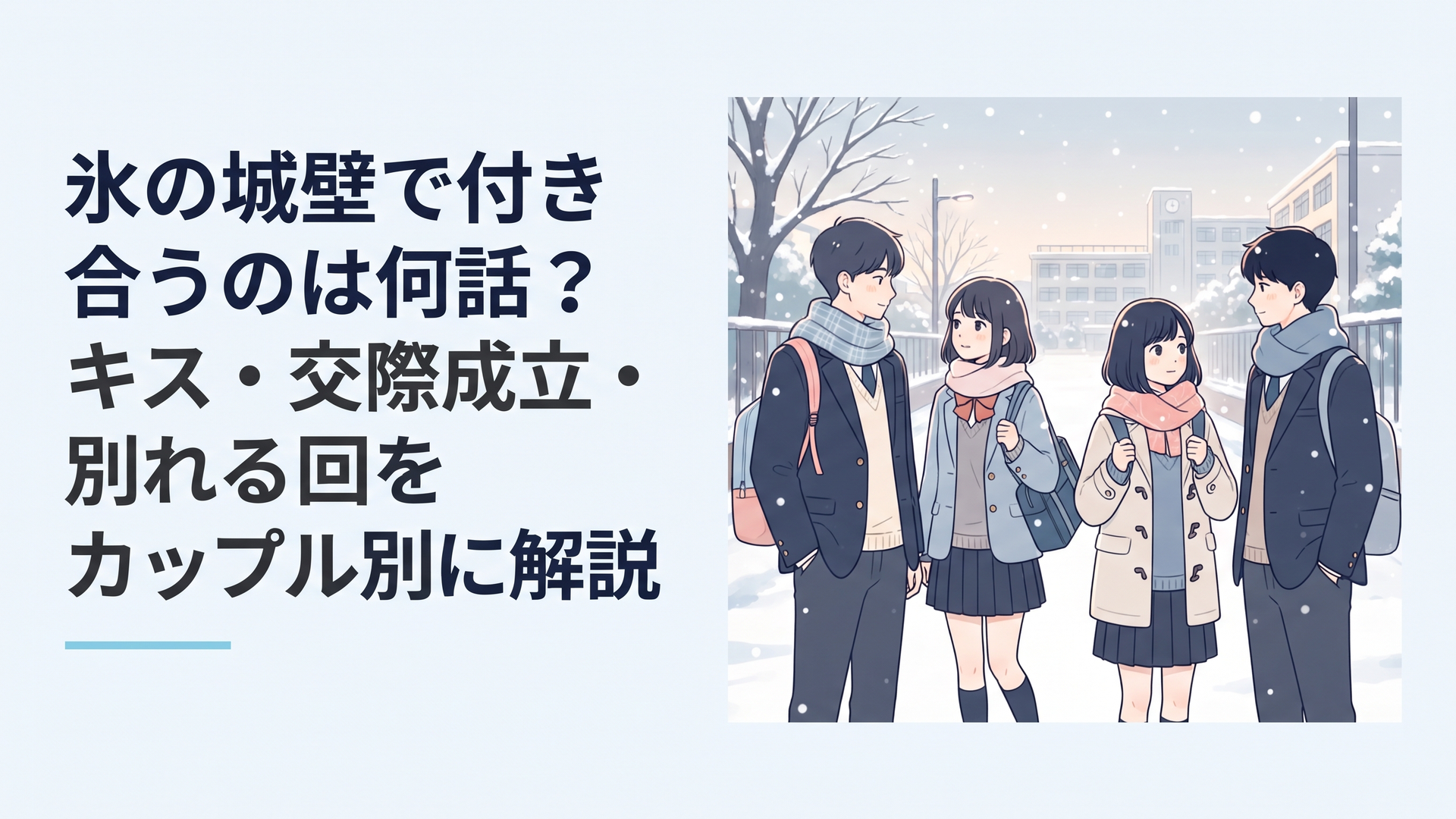雪の降る放課後に互いを意識しながら向き合う高校生4人