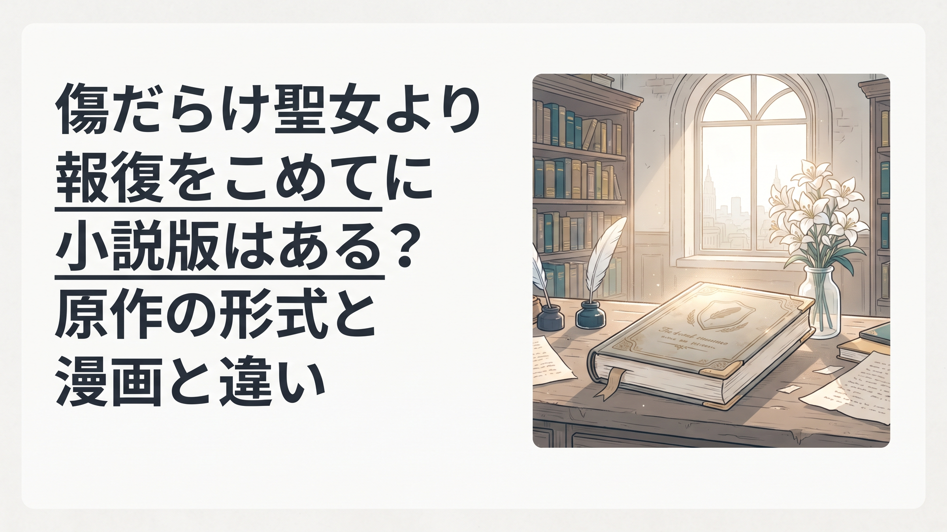 古い図書館の机に置かれた一冊の幻想的な本と、聖女を思わせる白い花。窓から差し込む柔らかな光が物語の秘密を照らしている情景